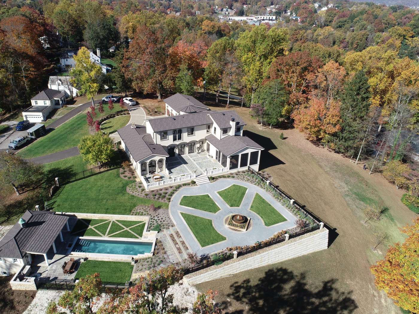 A formal parterre garden and fountain seen from above